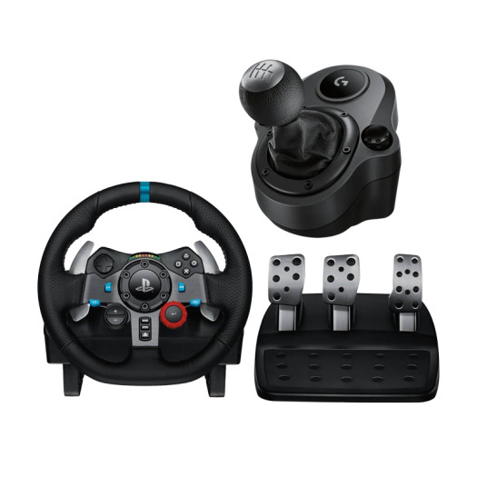 Logitech Driving Force Shifter + Logitech G29 Driving Force Racing Wheel  ( Package Offer ) and Floor Pedals, Real Force Feedback, Stainless Steel Paddle Shifters, Leather Steering Wheel Cover for PS5, PS4, 